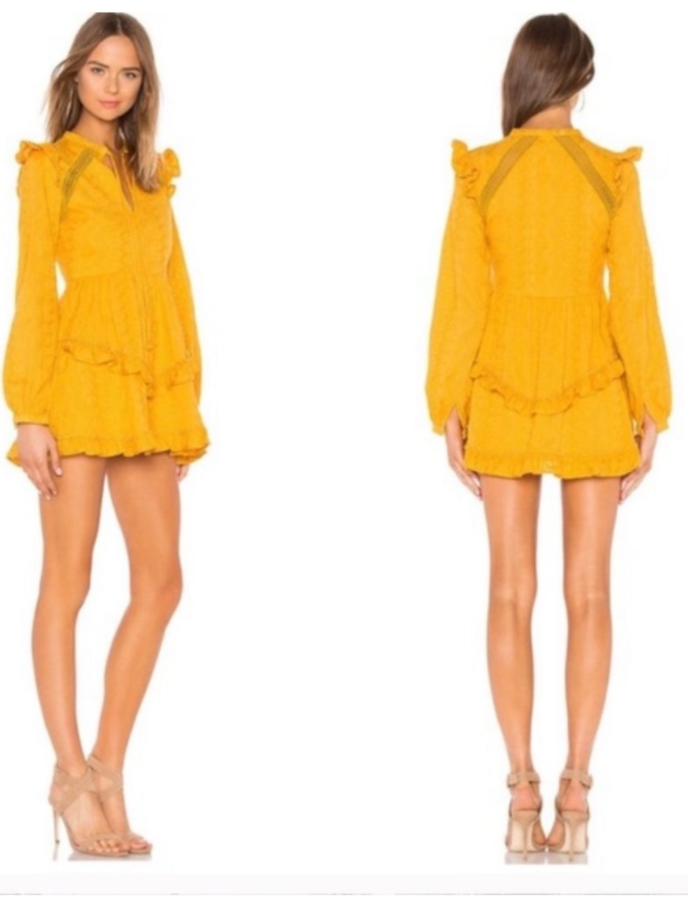 Tularosa Golden Yellow Ruffle Mini Dress with Long Sleeves